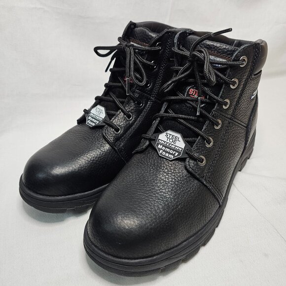 NEW Skechers Relaxed Fit Steel Toe Black Leather Work Boots Men's Size 12 - Picture 1 of 9